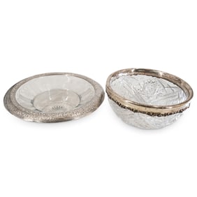 (2 Pc) Antique Cut Crystal And Sterling Silver Bowls