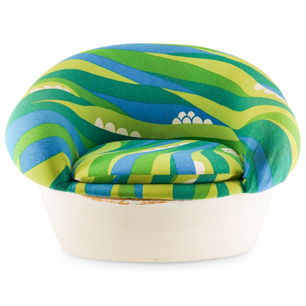 Jack Lenor Larsen Upholstered Mid Century Fiberglass Rocking Chair: DESCRIPTION: Mid century fiberglass rocking chair with polychrome Jack Lenor Larsen upholstery. Unmarked. CIRCA: Mid 20th century ORIGIN: Probably American DIMENSIONS: H: 23.25" W: 32.75" Depth: 29.25