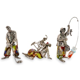 (3 Pc) Italian Murano Glass And 800 Silver Clowns