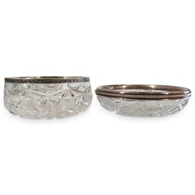 (2 Pc) Antique Cut Crystal And Sterling Silver Bowls