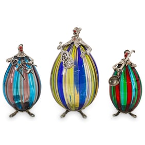 (3 Pc) Italian Round Murano Glass And Silver Clowns