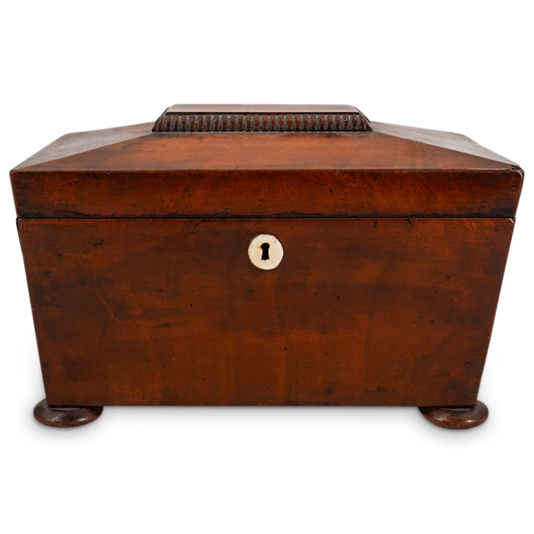 Edwardian Wood Tea Caddy: DESCRIPTION: Edwardian wood tea caddy with two compartments This box sits on four turned wood bun feet. CIRCA: 1901-1919 ORIGIN: England DIMENSIONS: H: 5.75: W: 9" D" 5.5" CONDITION: Good condition, m
