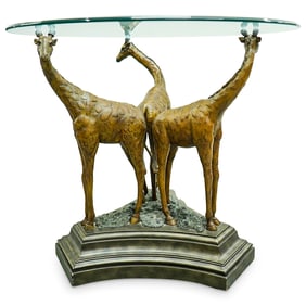 Carved Wood Giraffe Occasional Table W/ Glass Top