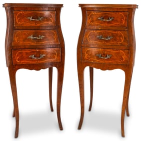 Pair Of Antique French Three Drawer Marquetry Side Tables