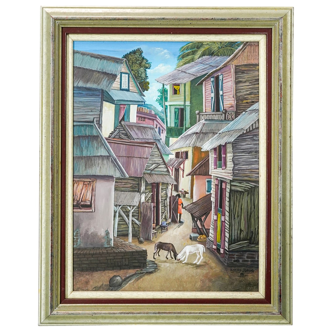 Henry Jehovah (Haitian, 1960) Oil On Canvas Painting: DESCRIPTION: Henry Jehovah (Haitian, 1960) oil on canvas painting depicting a haitian village scenes with several houses, a figure and a pair of domestic animals. Signed on the lower right bottom corn