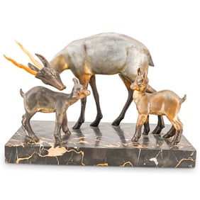 Antique French Bronze And Carved Horn Antelope Grouping