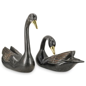 (2 Pc) Pair Of Large Carved Wood & Brass Swan Sculptures