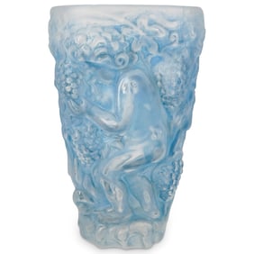 Lalique Style Art Glass Cherub Blue Vase