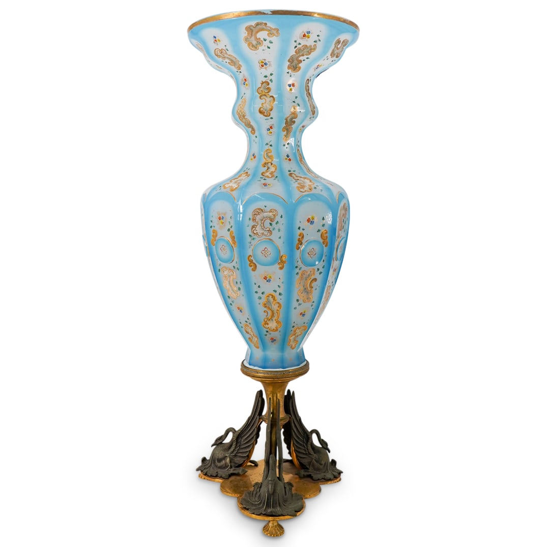 Antique Opaline Glass Vase W/ Bronze Swan Base (1 of 9)