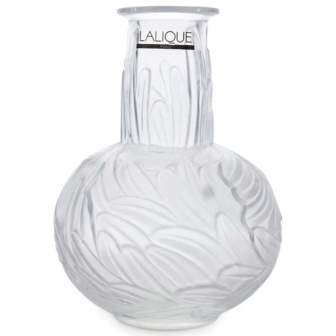 Lalique Crystal "Plumes" Bud Vase: DESCRIPTION: Lalique crystal "Plumes" bud vase featuring a bulbous body and elongated neck, designed with frosted glass plumes (feather) motifs. Marked on underside: "Lalique France". CIRCA: 20th Cent