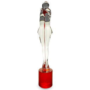 Art Glass Figural Sculpture: DESCRIPTION: In colorless and orange colored glass, the cylindrical base partially textured. Spurious signature "Pino Signoretto" on underside. Additionally marked with "Marlene/Bernie" on underside.