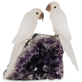 Carved Hardstone Birds On Amethyst Base