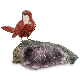 Carved Hard Stone Bird On Amethyst Base