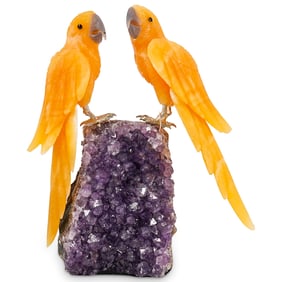 Pair Of Carved Hardstone Birds On Amethyst Base