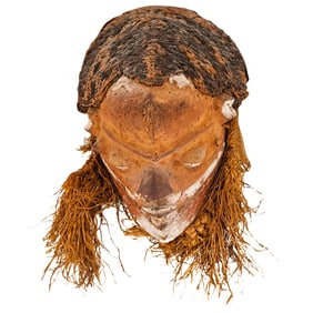Vintage Congolese Pende Carved Wood And Raffia Mask
