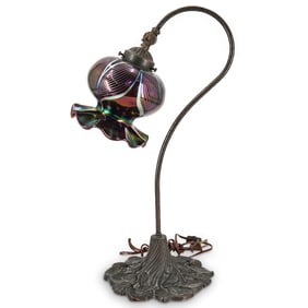 Vintage Art Nouveau Style Metal & Iridescent Glass Table Lamp