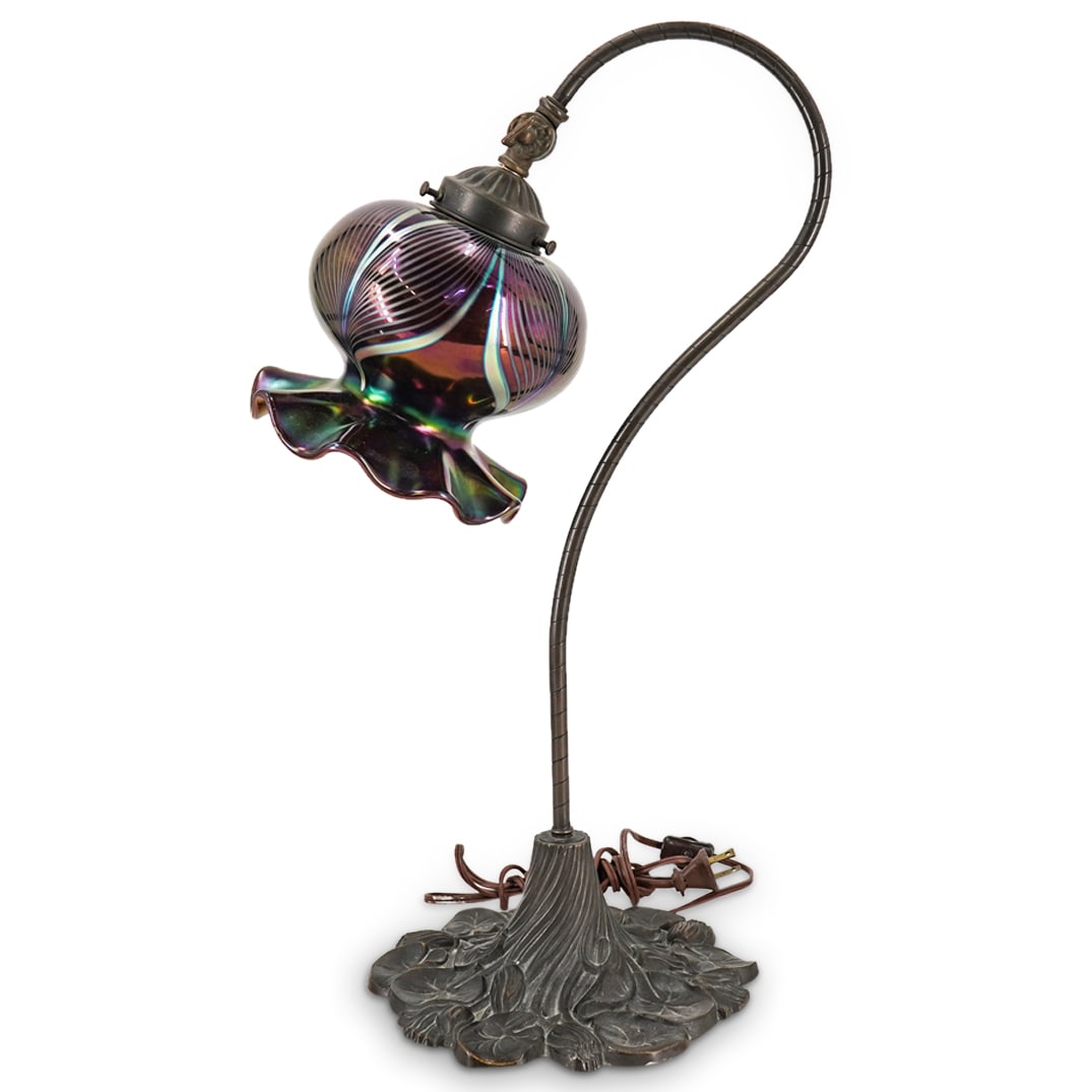 Vintage Art Nouveau Style Metal & Iridescent Glass Table Lamp (1 of 14)