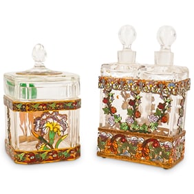 (3 Pc) Antique French Enamel Champleve & Glass Vanity Dresser Set