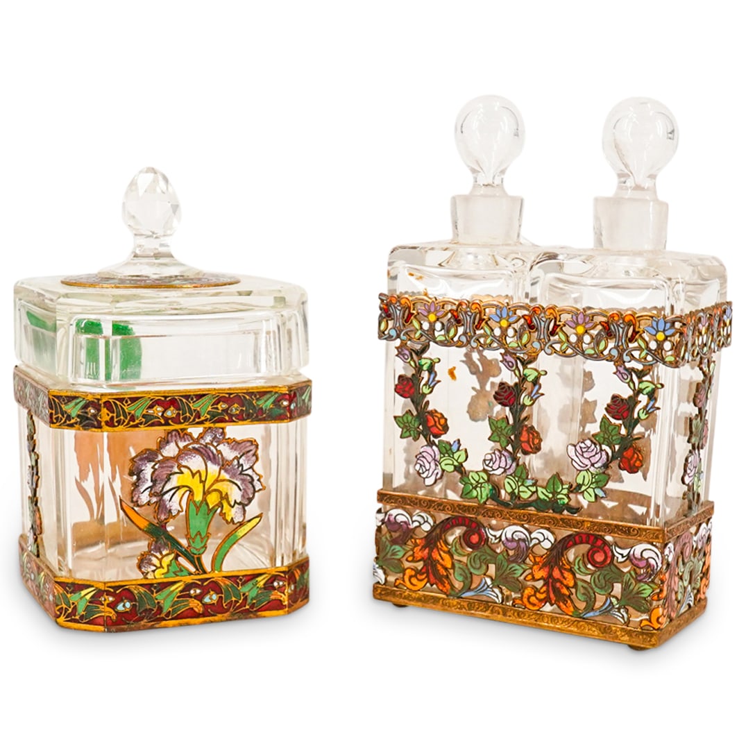 (3 Pc) Antique French Enamel Champleve & Glass Vanity Dresser Set (1 of 14)