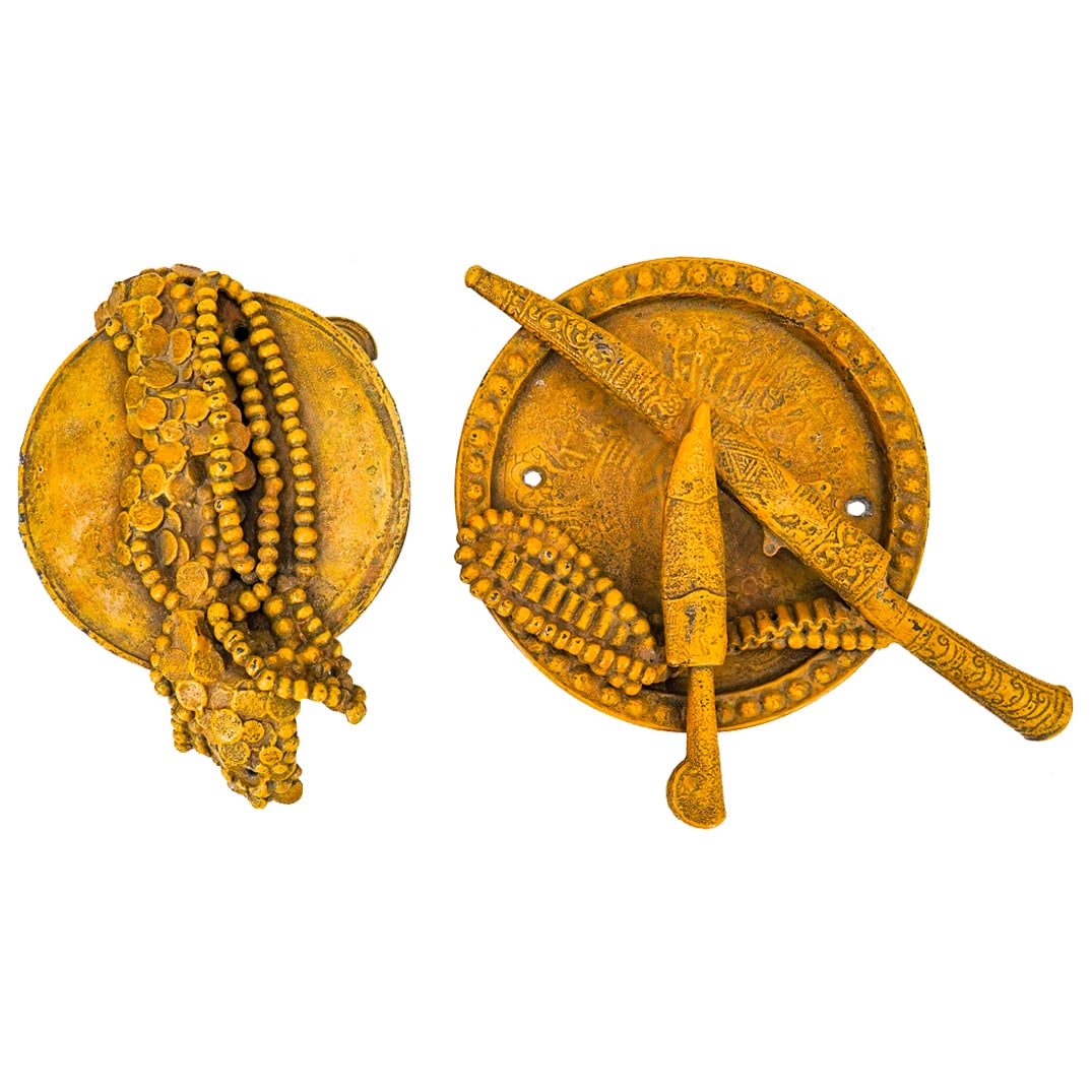 (2 Pc) Metal Wall Ornaments: DESCRIPTION: Two metal wall ornaments, one in the form of a plate with two knives, the other in the form of a tambourine with beads laid atop it. CIRCA: 20th century or later ORIGIN: Unknown DIMENSION