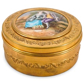 Antique French Enameled Round Gilt Brass Box