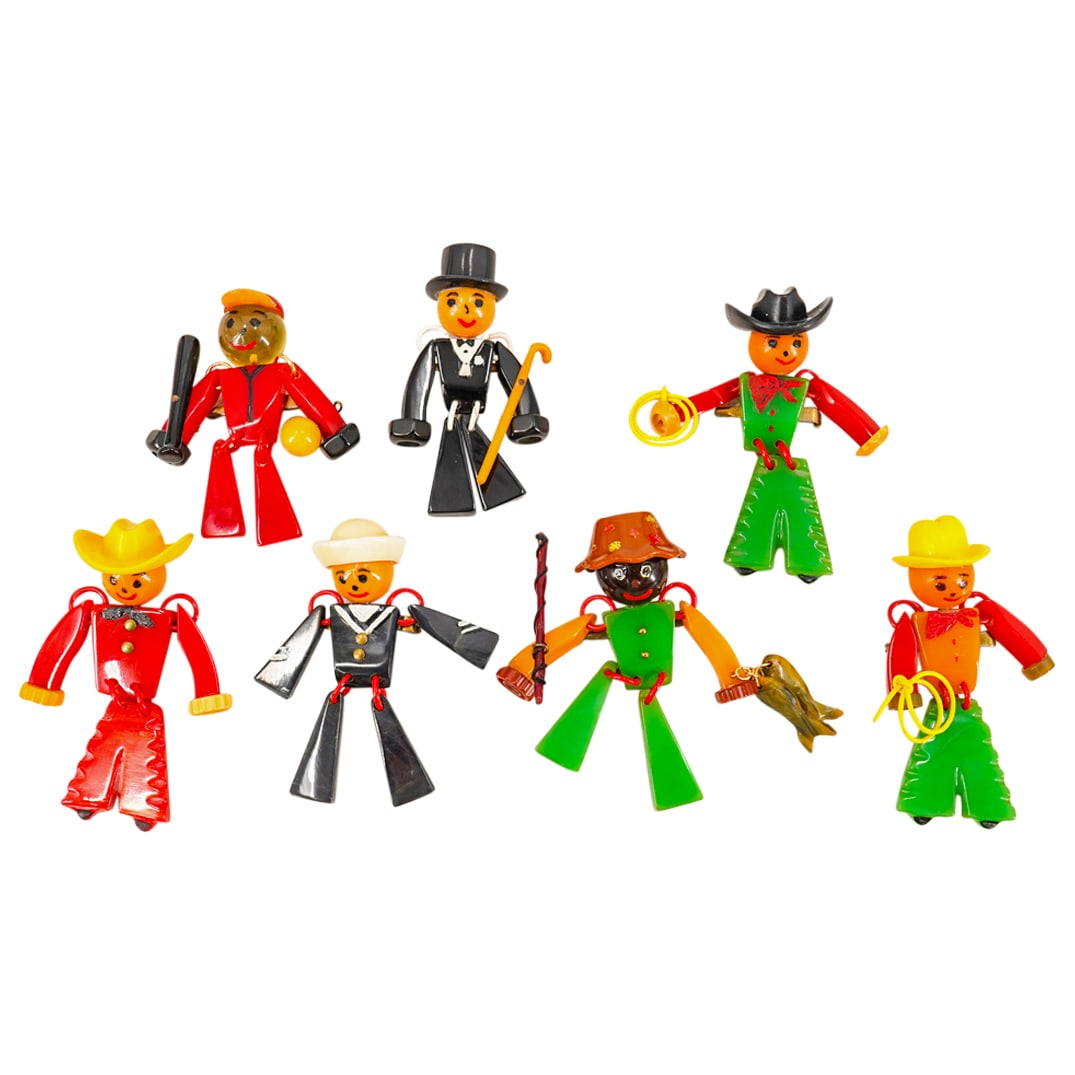 (7 Pc) Signed Schultz Bakelite Articulated Man Figural Brooch Pin Grouping (1 of 6)