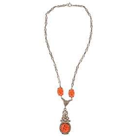 Sterling Silver And Carved Coral Necklace