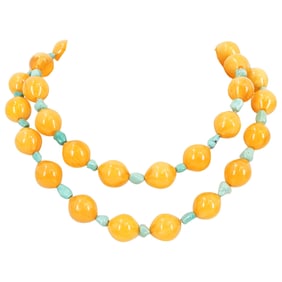 Vintage Butterscotch Amber and Turquoise Beaded Necklace