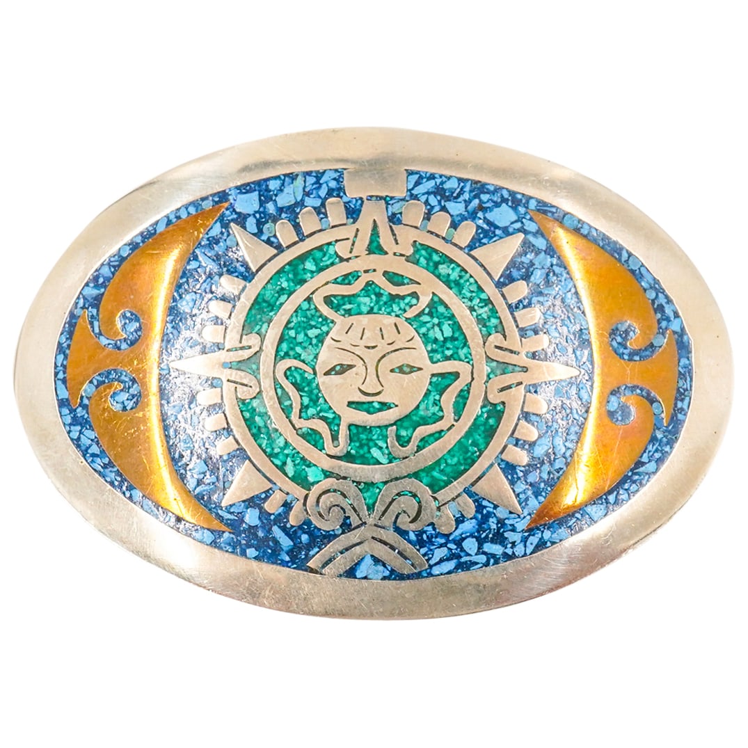 Mexican Alpaca Silver, Malachite & Turquoise Belt Buckle (1 of 4)