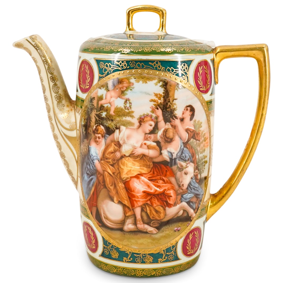 Czech Bohemian Czechoslovakia Carlsbad Porcelain Coffee Pot: DESCRIPTION: Bohemian Czechoslovakia Carlsbad porcelain coffee pot. Decorated with green and magenta accents, a central painted classical mythology figurative scene, and overall gilt motifs. Marked on