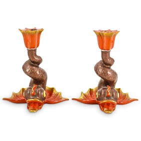 Pair Herend Porcelain Dolphin Candlesticks