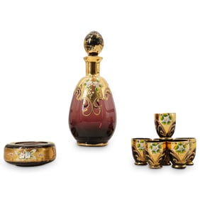 Moser style Art Glass Decanter and (6) Cordial Glasses