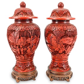 Pair Chinese Cinnabar Urns
