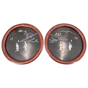 Pair Of Sino Japanese Mother Of Pearl Inlay Lacquered Wall Medallions
