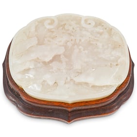 Carved White Jade Boulder Plaque On Carved Wooden Base