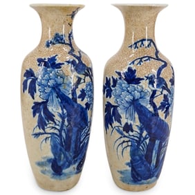 Pair Of Antique Japanese Blue & White Porcelain Crackle Glaze Vases