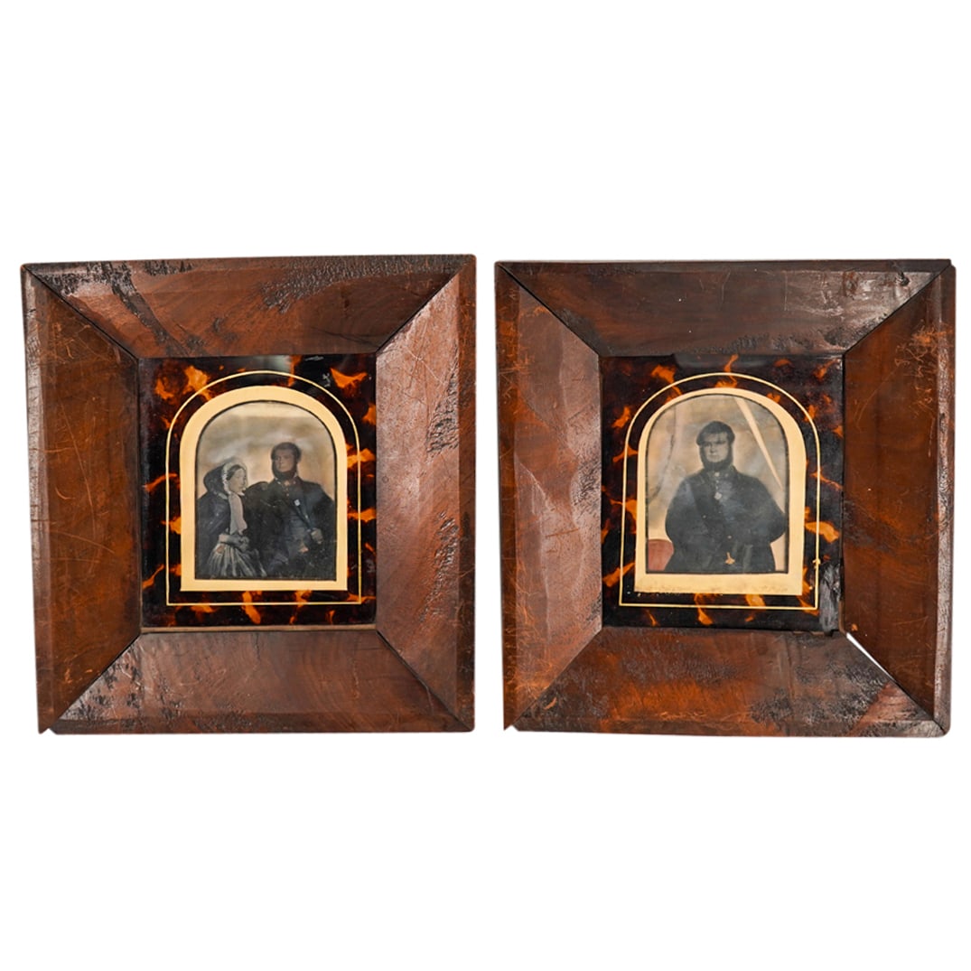 (2 Pc) Antique Ambrotypes: DESCRIPTION: Two antique ambrotypes, one depicting a gentleman, the other depicting the same gentleman seated with a lady. Advertisement for the photographer "Mr. M.A. Twort" present behind the ambrot