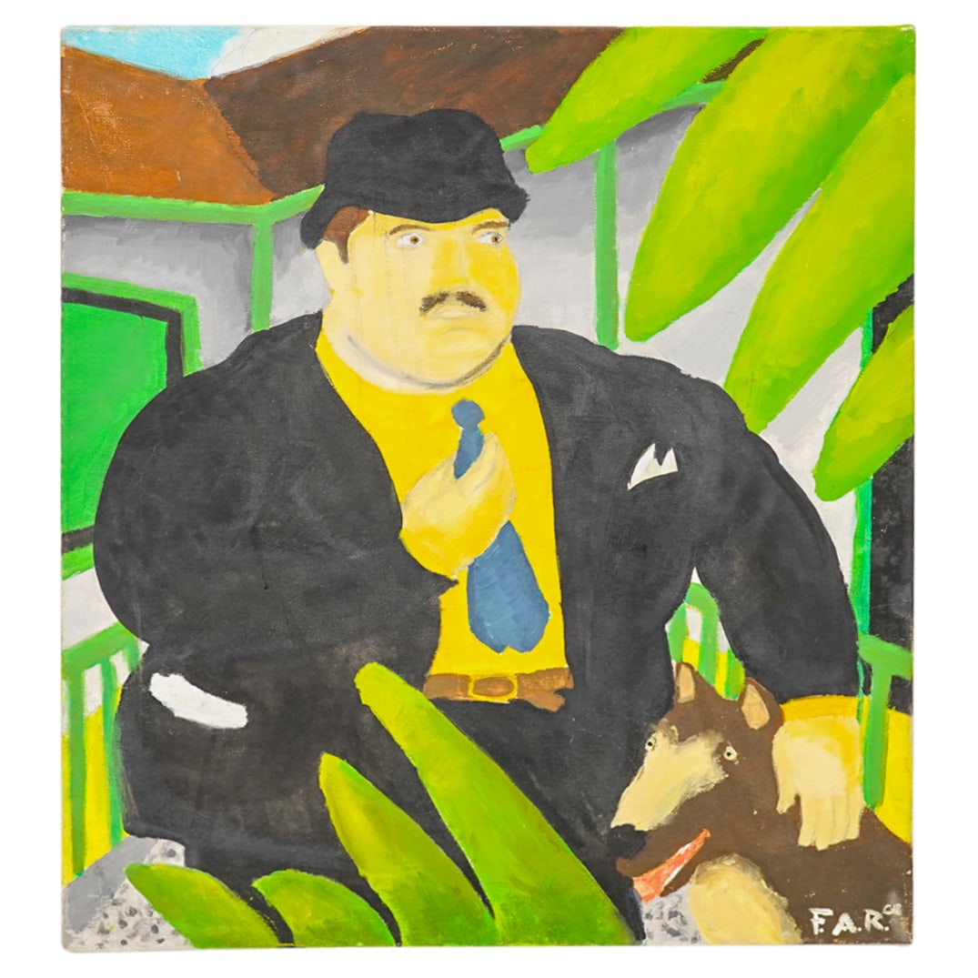 Botero Inspired Man With Dog Oil On Canvas: DESCRIPTION: Botero inspired oil on canvas painting depicting a man donning a suit and standing among foliage with a dog. Initialed "F.A.R." at lower right and dated "'08". CIRCA: 2008 ORIGIN: Contine