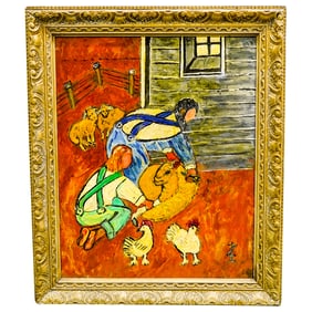 Signed Farmhouse Scene Oil Painting On Board