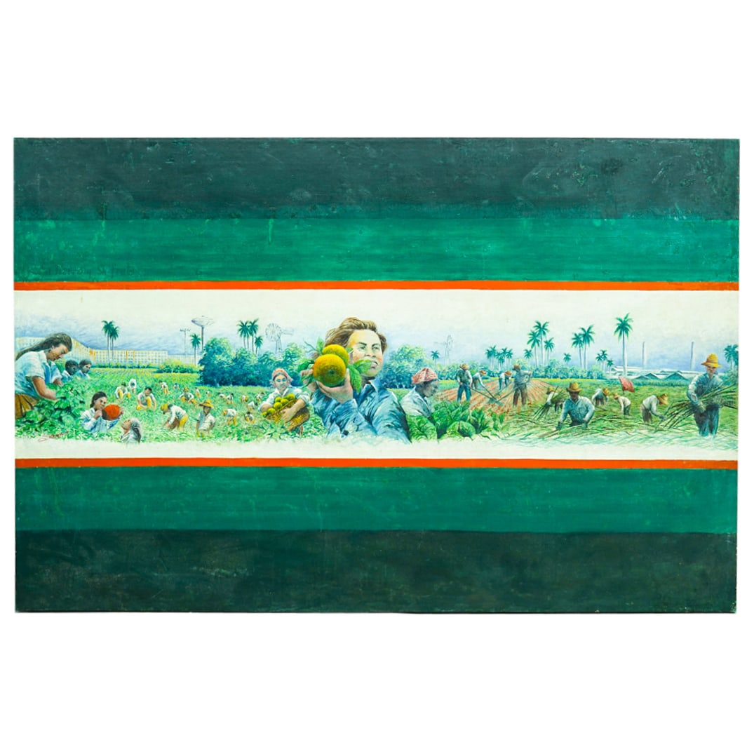 "La Tierra Y Su Fruta" Oil On Canvas: DESCRIPTION: Oil on canvas painting entitled "La Tierra y su Fruta", the central section depicting agricultural laborers. Signed "[?] Remedio" at left. Worn title at left. Unframed. CIRCA: Late 20th -