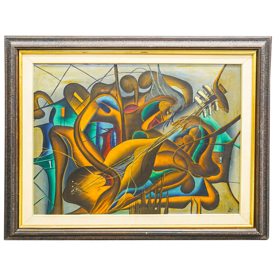 Gus Nall (1919-1995) Abstracted Oil On Canvas Painting: DESCRIPTION: Gus Nall (1919-1995) Untitled oil on canvas painting depicting an abstracted figurative scene with musical instrument. Signed Gus Nall on the lower right bottom corner. Gus Nall (1919â&e