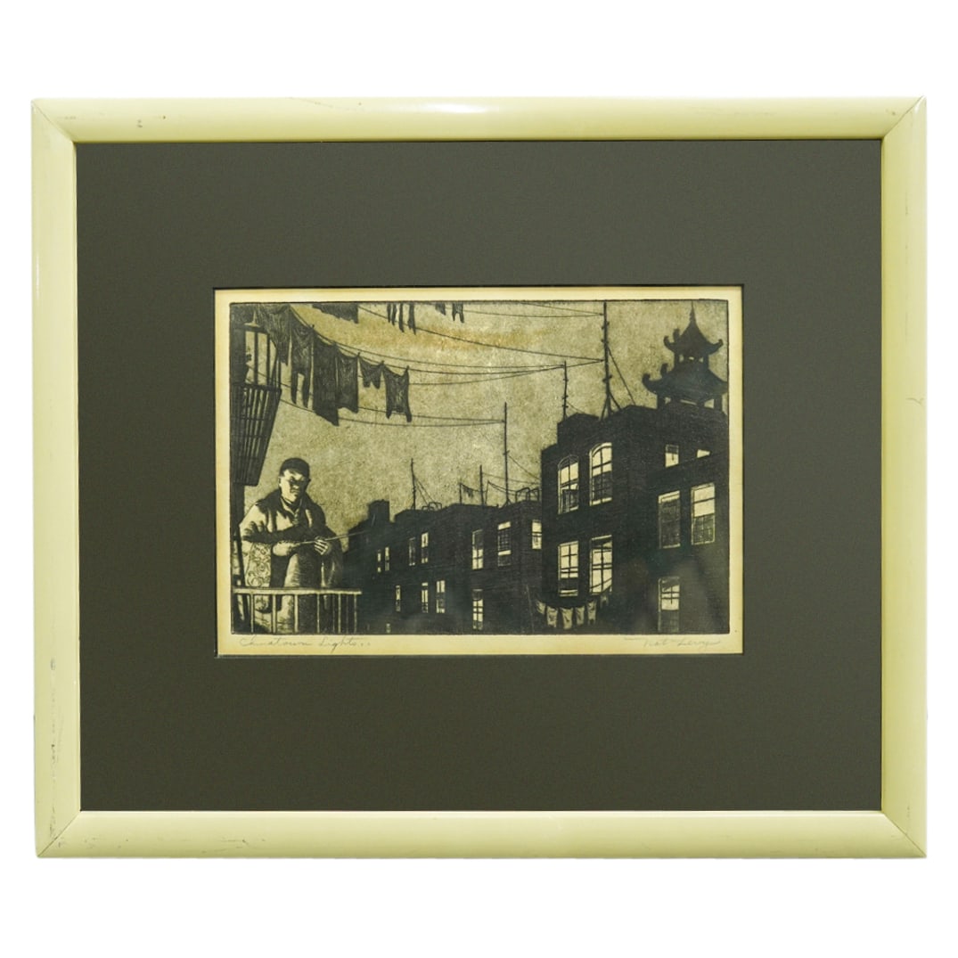 Nat Levy (1896-1984) "Chinatown Lights" Etching: DESCRIPTION: Etching entitled "Chinatown Lights" by Nat Levy depicting a man on a balcony overlooking a Chinatown street at night. Signed at lower right and titled at lower left. Mounted in a beige fr