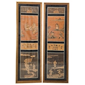 (2 Pc) Antique Chinese Silk Embroidered Forbidden Stitch Panels