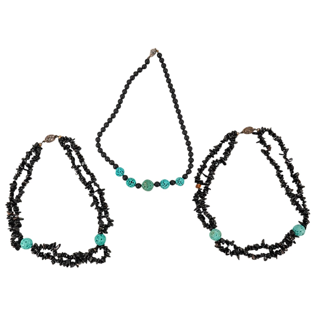 (3 Pc) Chinese Turquoise Bead And Sterling Silver Clasp Necklaces (1 of 13)