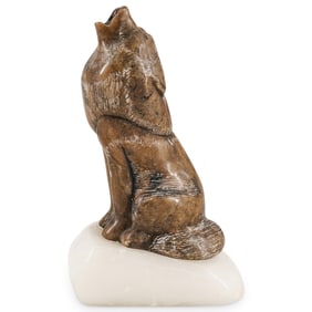 Inuit Soapstone Wolf On White Base