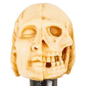 Antique Walking Cane w/ Carved Bone Half Skull/Half Face Handle