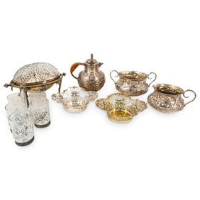 (11 Pc) Antique Silver Plated And Crystal Glass Tableware