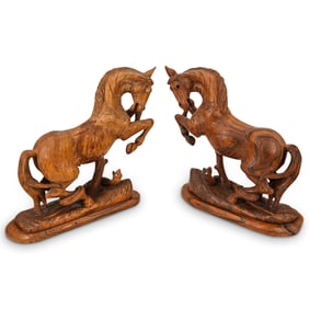 Pair of Chinese Carved Wooden Horse Sculptures