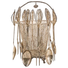 (13 Pc) 800 Silver Filigree Basket W/ Spoons & Forks