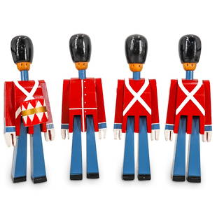 (4 Pc) Kay Bojesen Toy Soldiers: DESCRIPTION: Mid century Kay Bojesen painted wooden toy soldiers, including one drummer. Each marked with "Kay Bojesen Copyright Denmark" at inside of leg. One with "20,25" label adhered to underside